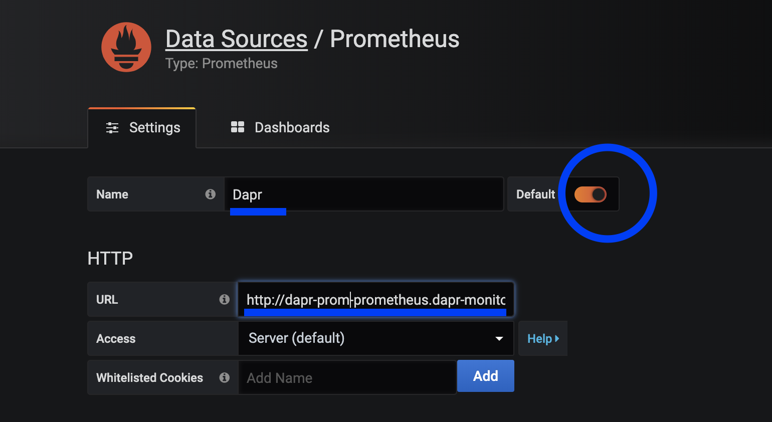 Screenshot of the Prometheus Data Source configuration